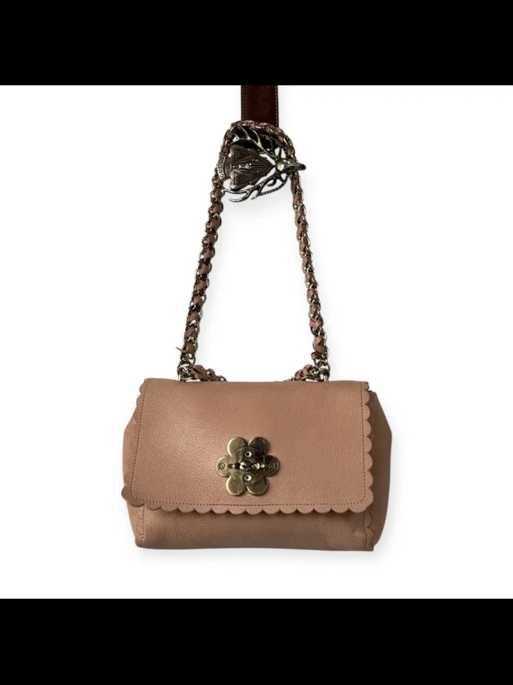 Mulberry Blush Pink Scalloped Flap Crossbody with Floral Metal Lock